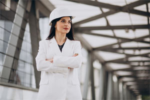 Young business woman wearing hard hat at building object